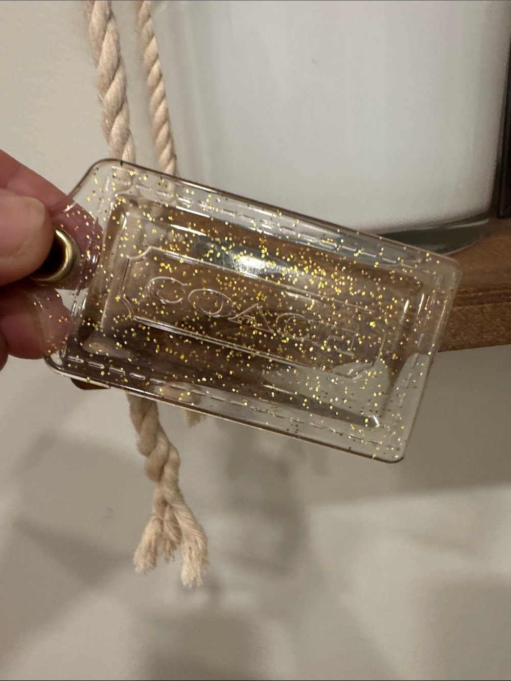 Coach Poppy Clear hangTag Keychain with Gold Glitter